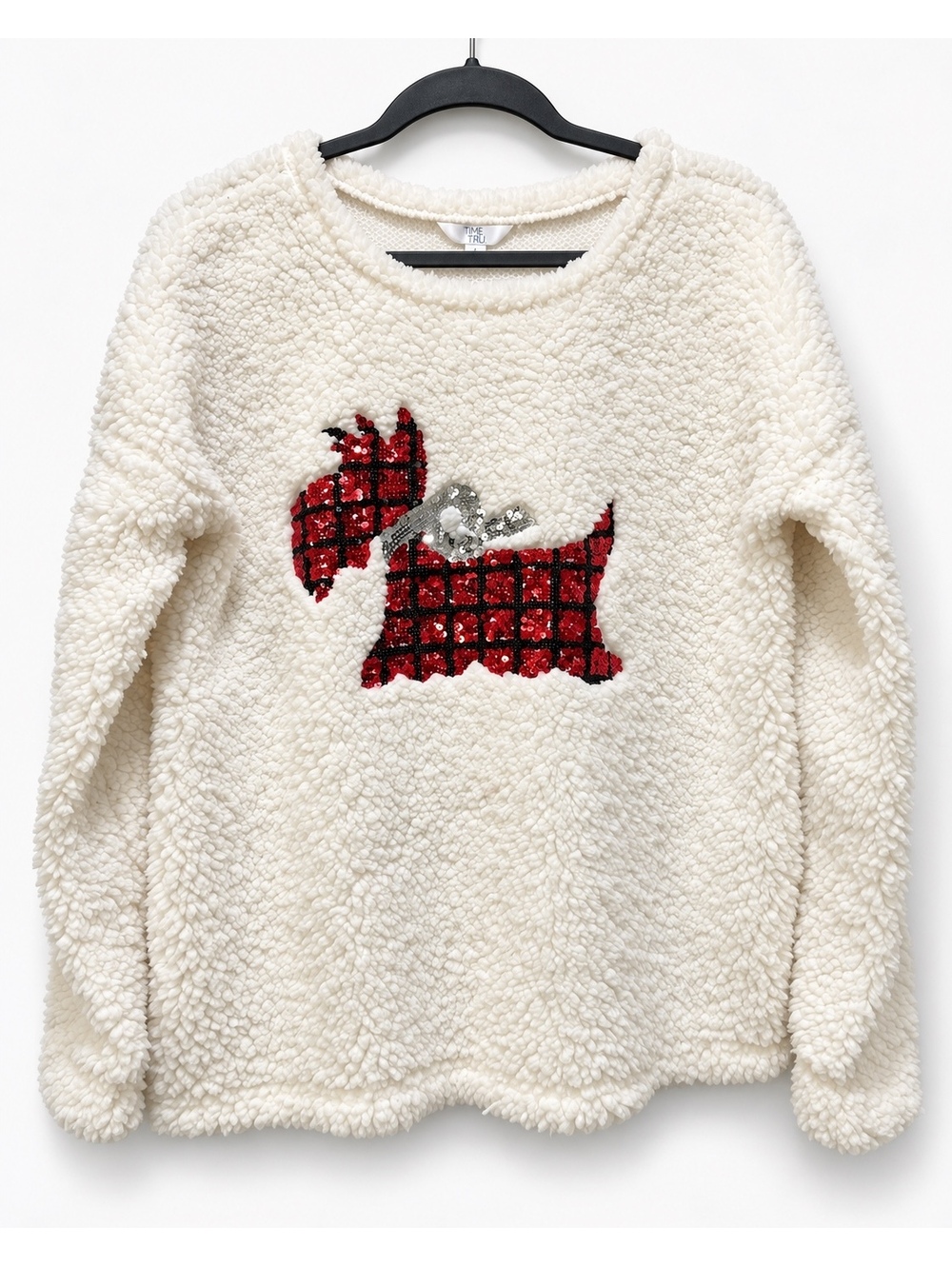 Time and Tru Women's Cream Sherpa Pullover Sweatshirt with Sequin Dog Design, L